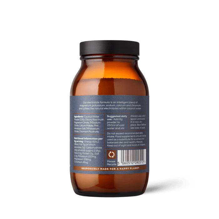 A brown glass bottle of Ancient + Brave True Hydration features a gray label with white text detailing supplement facts, ingredients, dosage instructions, and a barcode. Key information about electrolytes for rapid rehydration—drawing inspiration from the natural balance in coconut water—is prominently highlighted on the label. The product is photographed against a plain white background.