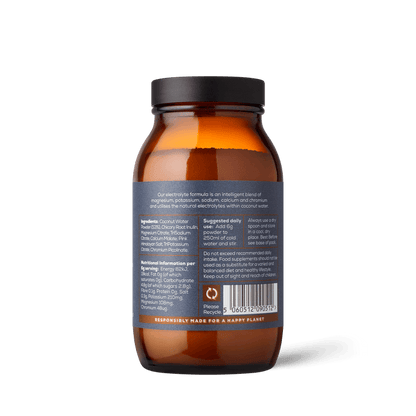 A brown glass bottle of Ancient + Brave True Hydration features a gray label with white text detailing supplement facts, ingredients, dosage instructions, and a barcode. Key information about electrolytes for rapid rehydration—drawing inspiration from the natural balance in coconut water—is prominently highlighted on the label. The product is photographed against a plain white background.