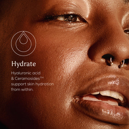 Close-up of a person's face with text about skin hydration and ingredients.