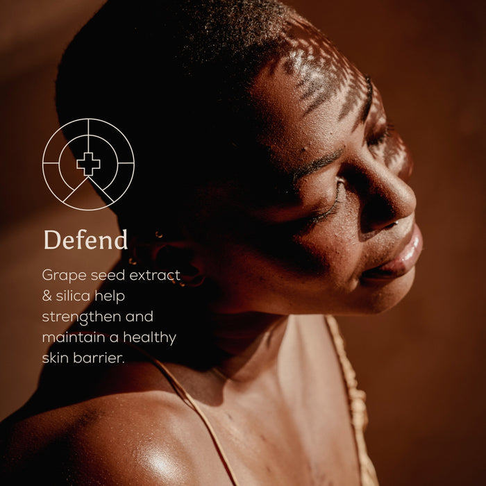 Woman with a brown background and text about grape seed extract and silica for skin health.