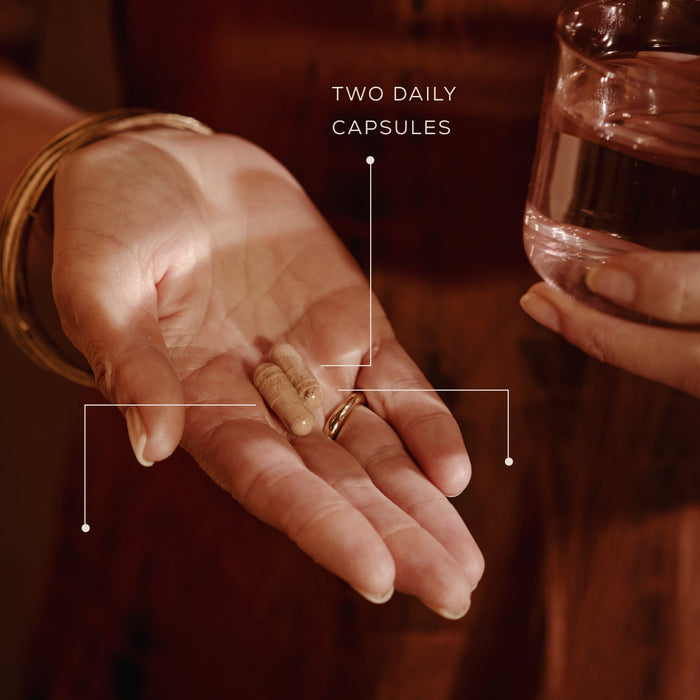 Hand holding two capsules with a glass of water, labeled 'Two Daily Capsules'.