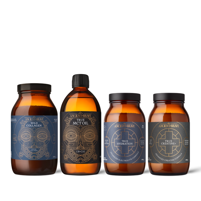 Four bottles of Ancient Arrow supplements on a white background