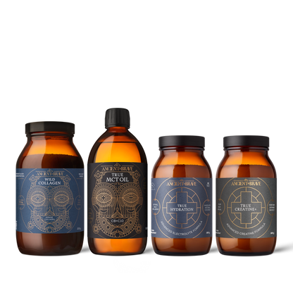 Four bottles of Ancient Arrow supplements on a white background