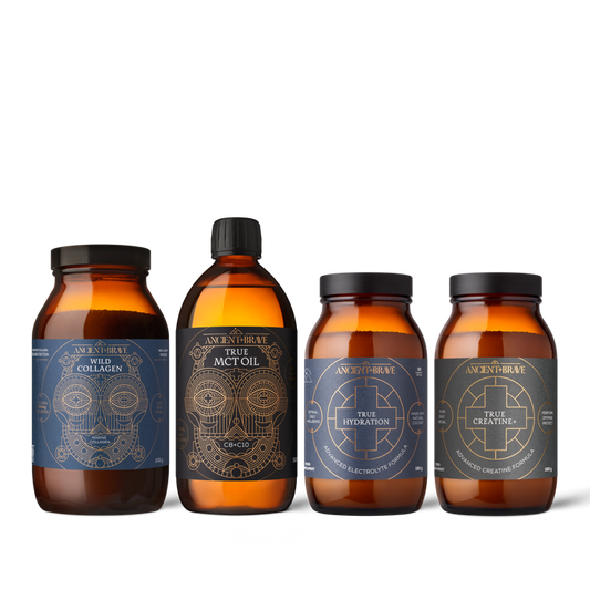 Four bottles of Ancient Arrow supplements on a white background