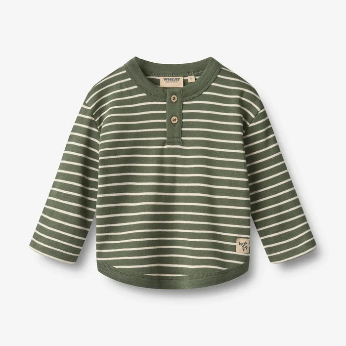 WHEAT – Osvald Long Sleeve Henley Shirt in Green Stripe
