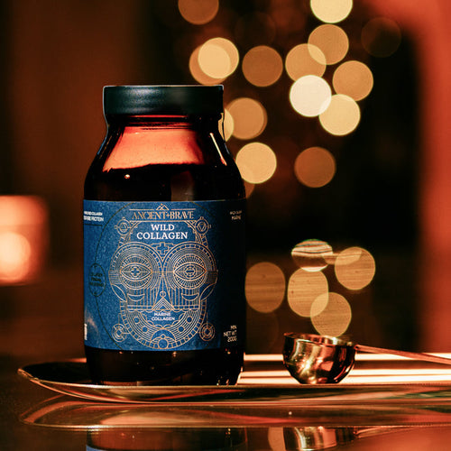 A jar of Wild Collagen - Gift Subscription with a blue label rests on a reflective surface next to a metal scoop, illuminated by warm golden light—ideal for wellbeing or as part of a thoughtful gift subscription.
