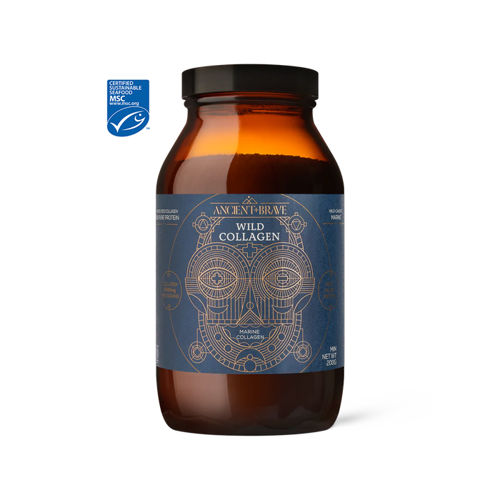 A brown glass jar labeled Ancient + Brave Wild Collagen - Gift Subscription features a blue geometric design, marine collagen theme for wellbeing, plastic lid, and MSC Certified Sustainable Seafood logo in the top left corner.