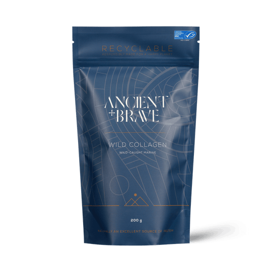 A blue resealable pouch labeled "Wild Collagen" contains 200g of wild-caught marine collagen peptides. The recyclable packaging features geometric line designs and highlights its protein content.